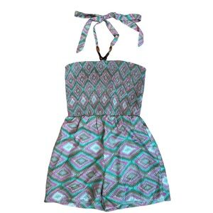 TCEC | Pink and Green Wood Bead Tie Neck Ikat Print Romper Size Small